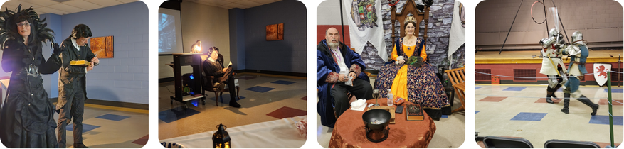 Mystic Market event collage featuring costumed performers, royal couple on thrones, and knight in armor